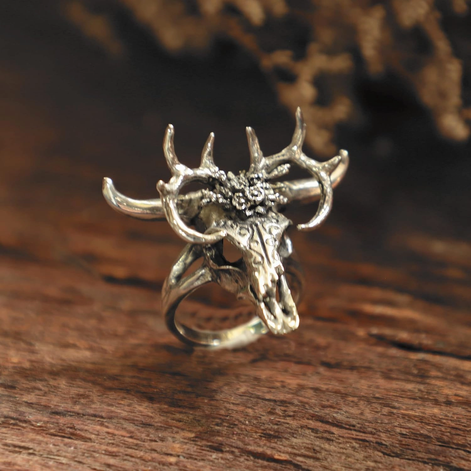 buffalo flower skull ring gazelle impala head men sterling silver 925 biker boho animal (10.5)