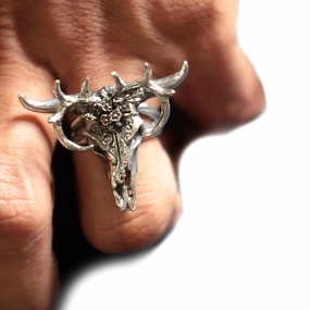 buffalo flower skull ring gazelle impala head men sterling silver 925 biker boho animal (10.5)
