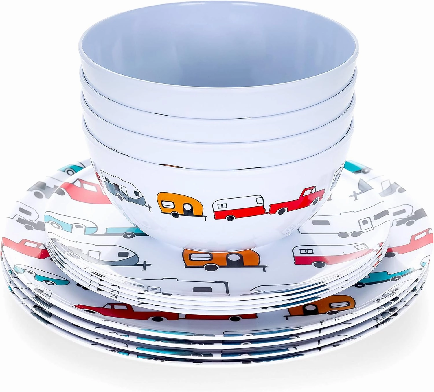 Camco Life is Better at the Campsite Dishware Set | Includes (4) large dinner plates, (4) small salad plates and (4) bowls | Top rack dishwasher safe | Multi-color RV and truck design (53295)