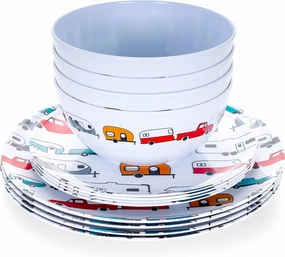 Camco Life is Better at the Campsite Dishware Set | Includes (4) large dinner plates, (4) small salad plates and (4) bowls | Top rack dishwasher safe | Multi-color RV and truck design (53295)