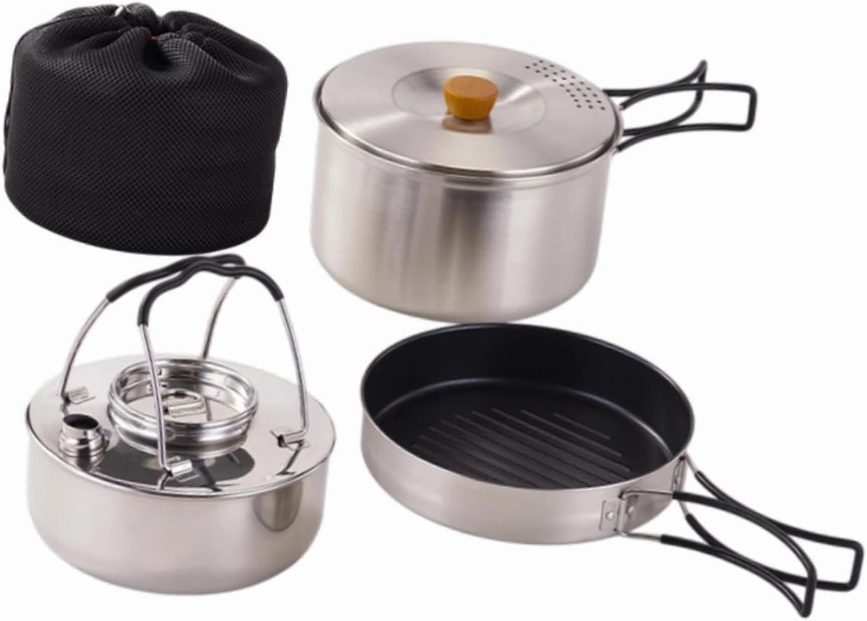 Camping Mess Kit Outdoor Cookware Stockpot Lightweight Multipurpose 1.5L Kettle Fry Pan for BBQ Outdoor Fishing Travel Picnic