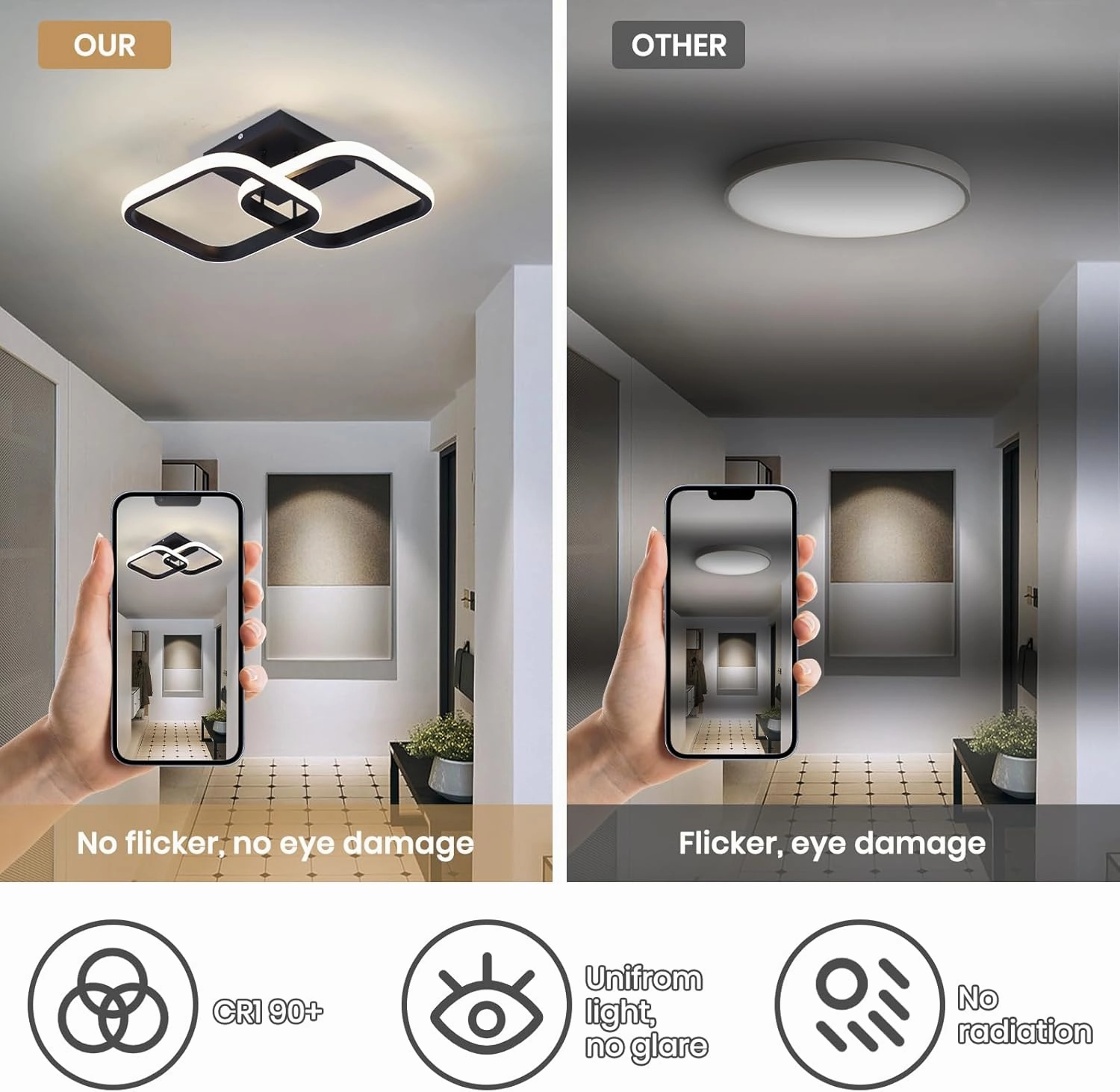 CANEOE Led Ceiling Light Fixture,4500K Modern Hallway Light fixtures Ceiling Lighting,Black Square Close to Ceiling Lights for Bathroom Bedroom Kitchen Balcony Stair Small Ceiling Lamp (Black,4500K)