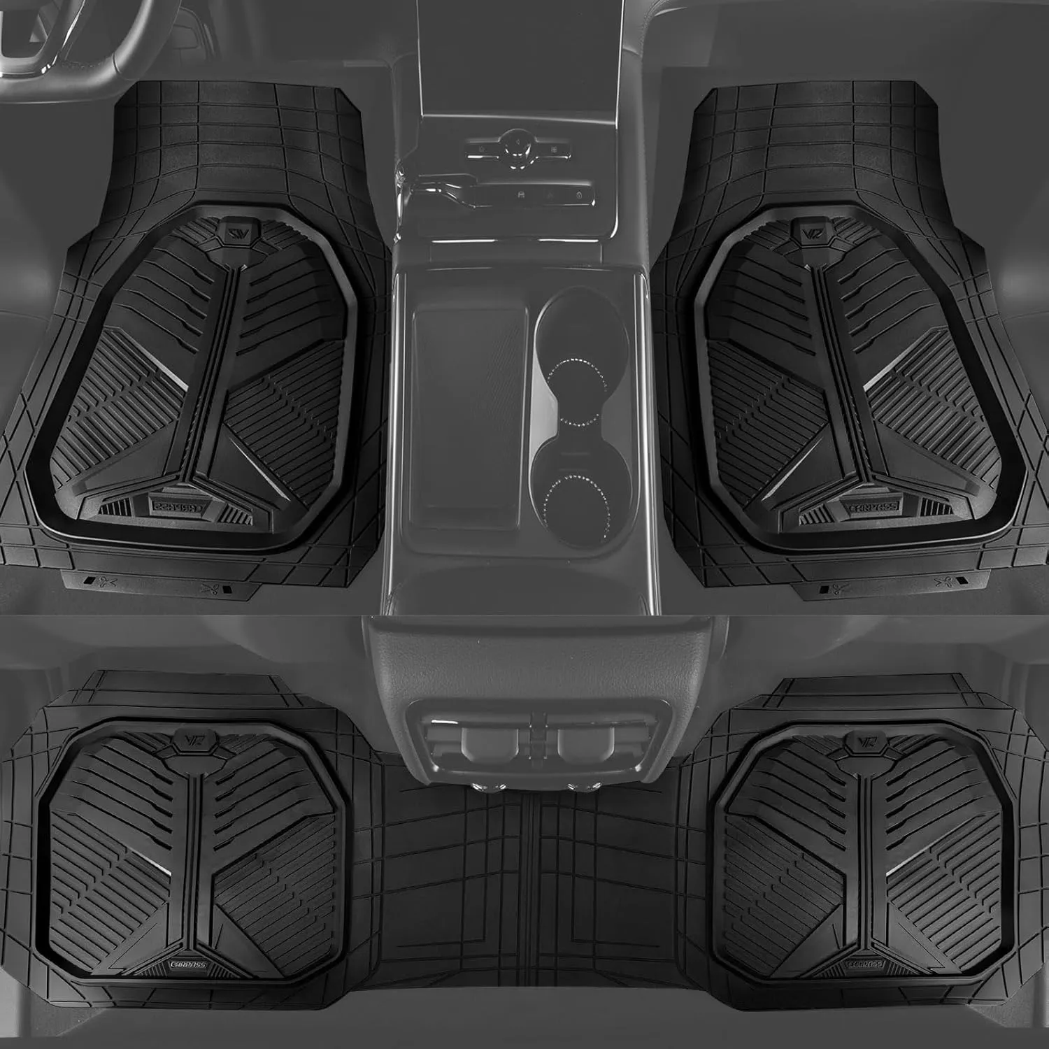 CAR PASS Heavy Duty Rubber Car Mats, Deep-Dish Odorless Car Floor Mats All Weather, Universal Trim-to-Fit for SUVs Trucks Sedans, Waterproof Anti-Slip, 3 Pieces V12 Black