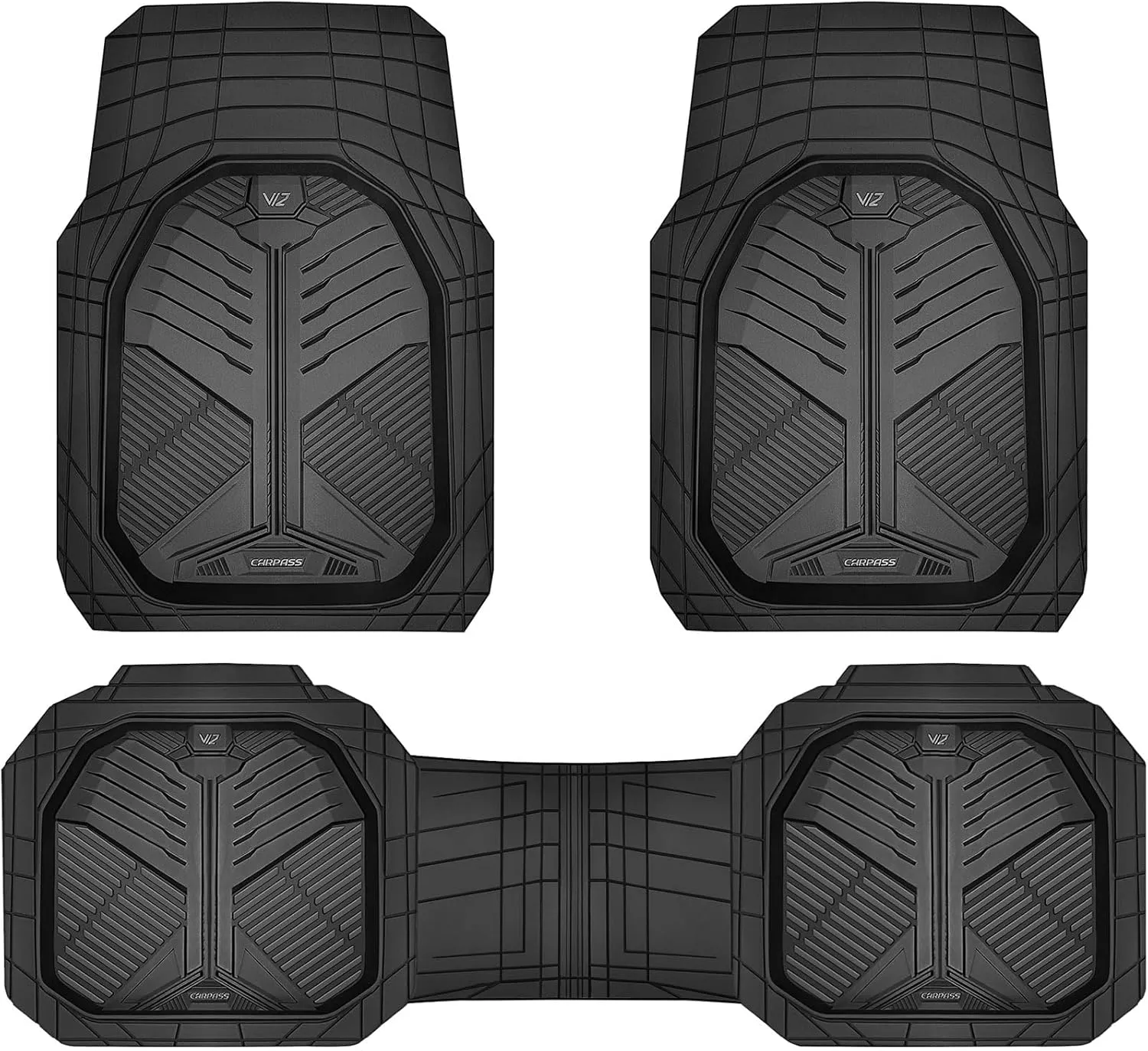 CAR PASS Heavy Duty Rubber Car Mats, Deep-Dish Odorless Car Floor Mats All Weather, Universal Trim-to-Fit for SUVs Trucks Sedans, Waterproof Anti-Slip, 3 Pieces V12 Black