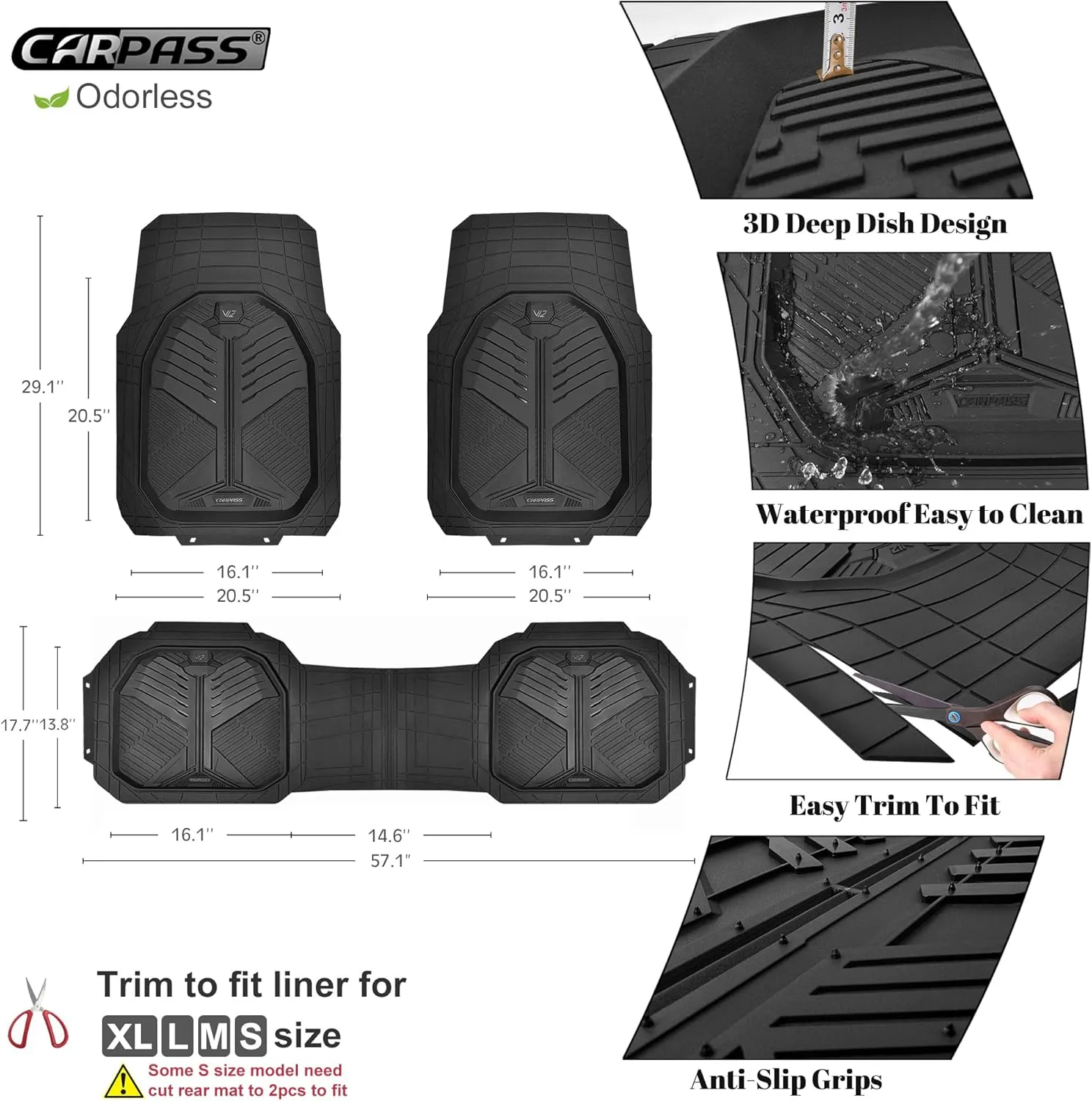 CAR PASS Heavy Duty Rubber Car Mats, Deep-Dish Odorless Car Floor Mats All Weather, Universal Trim-to-Fit for SUVs Trucks Sedans, Waterproof Anti-Slip, 3 Pieces V12 Black