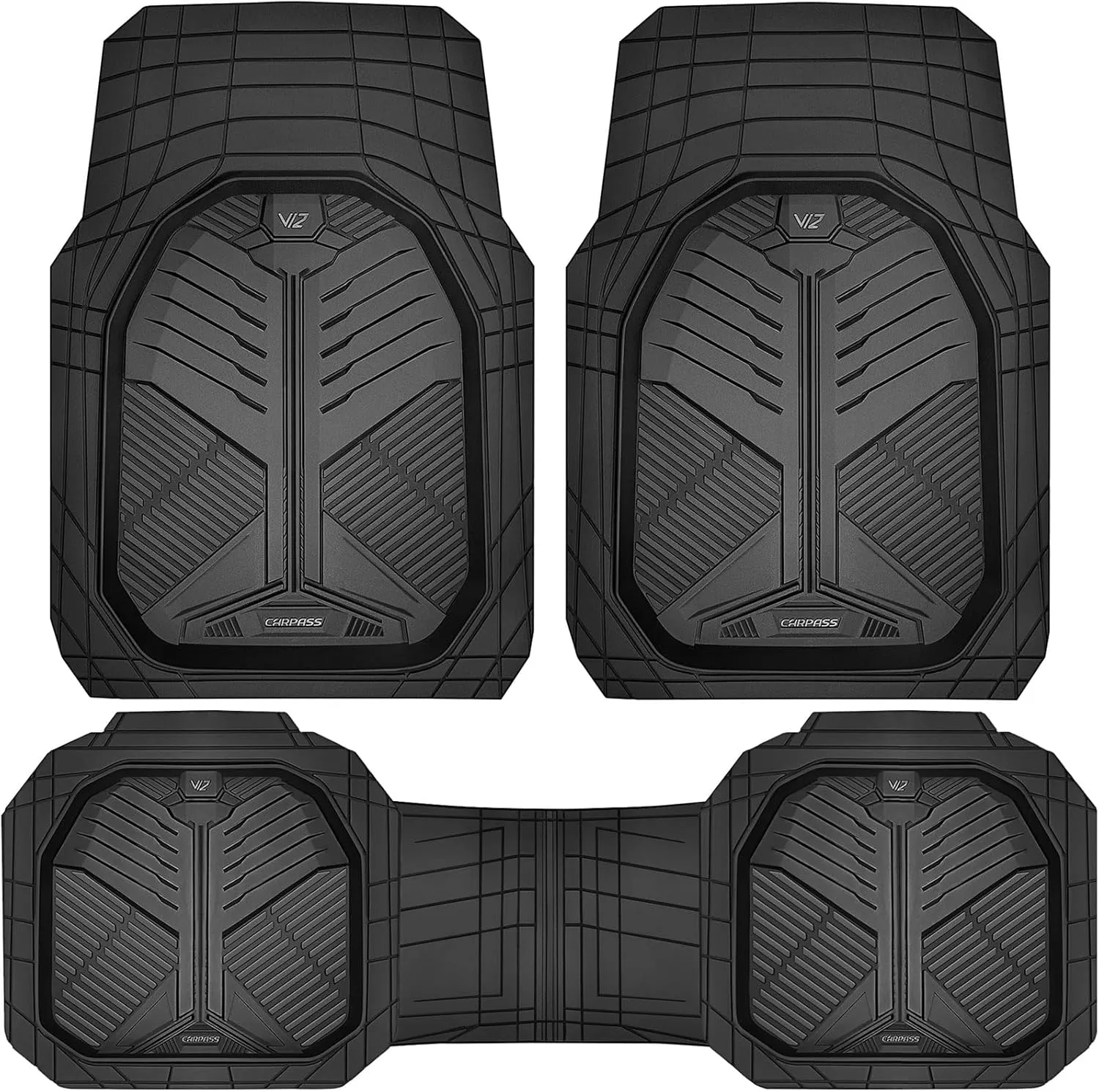 CAR PASS Heavy Duty Rubber Car Mats, Deep-Dish Odorless Car Floor Mats All Weather, Universal Trim-to-Fit for SUVs Trucks Sedans, Waterproof Anti-Slip, 3 Pieces V12 Black