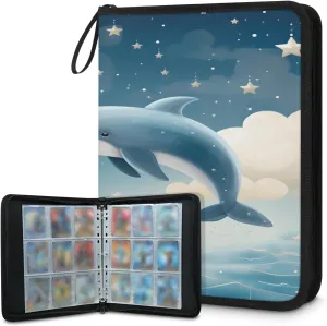 Cartoon Dolphin 3 Ring Trading Zipper Binder Strap, Trading Card Binder 4 Pocket, 400 Pockets Card Holder with 50 Removable Sleeves for Game Cards