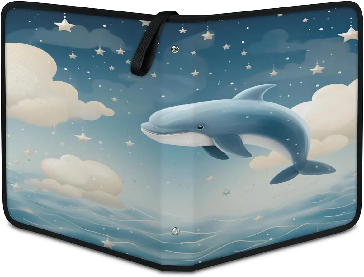 Cartoon Dolphin 3 Ring Trading Zipper Binder Strap, Trading Card Binder 4 Pocket, 400 Pockets Card Holder with 50 Removable Sleeves for Game Cards