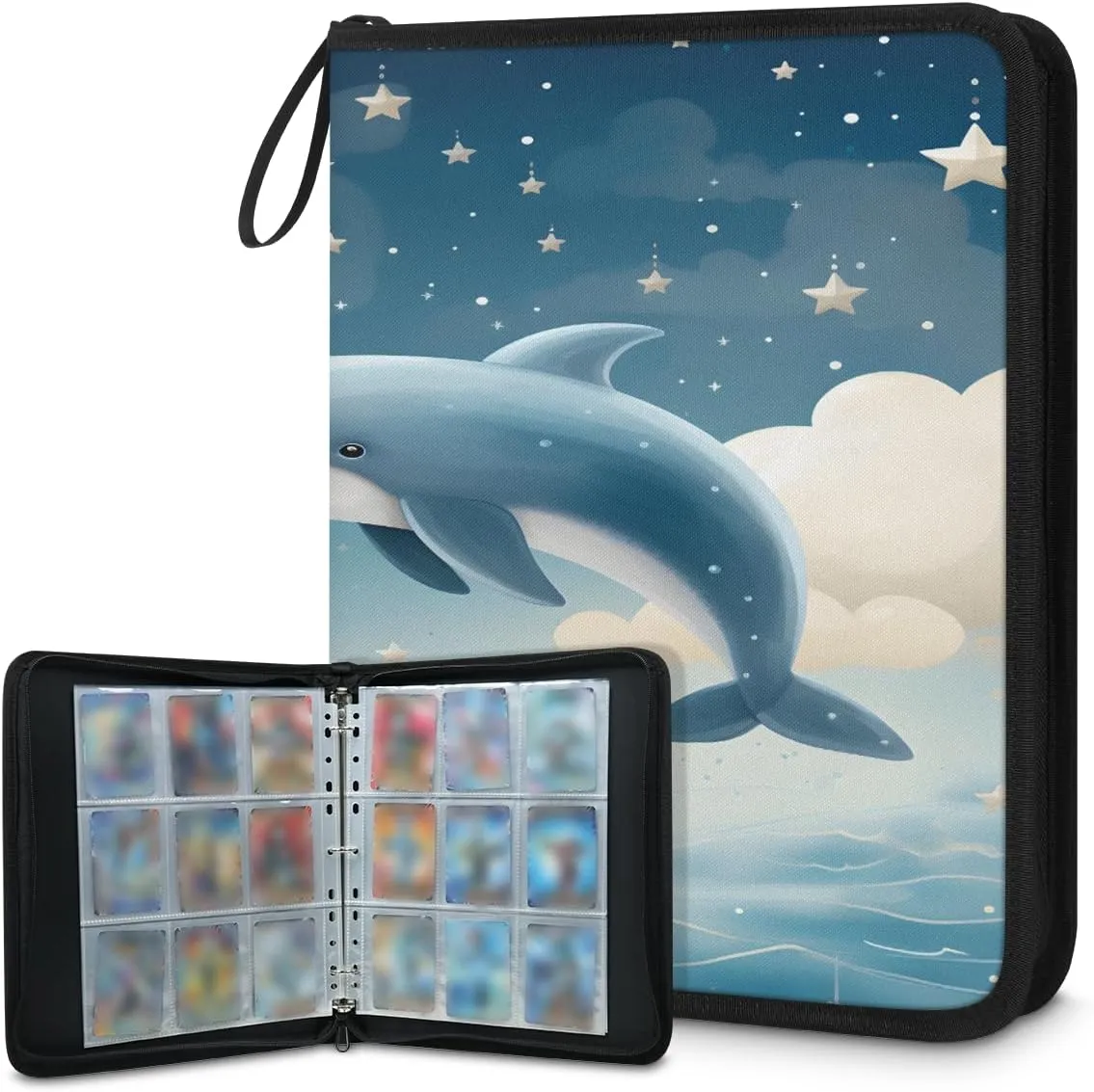 Cartoon Dolphin 3 Ring Trading Zipper Binder Strap, Trading Card Binder 4 Pocket, 400 Pockets Card Holder with 50 Removable Sleeves for Game Cards