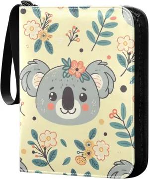 Cartoon Koala and Wildflowers Card Binder 4 Pocket Trading Card Album Fits 400 Sports/Game Cards, PU Cover 3 Ring Card Collection with 50 Removable Sleeves