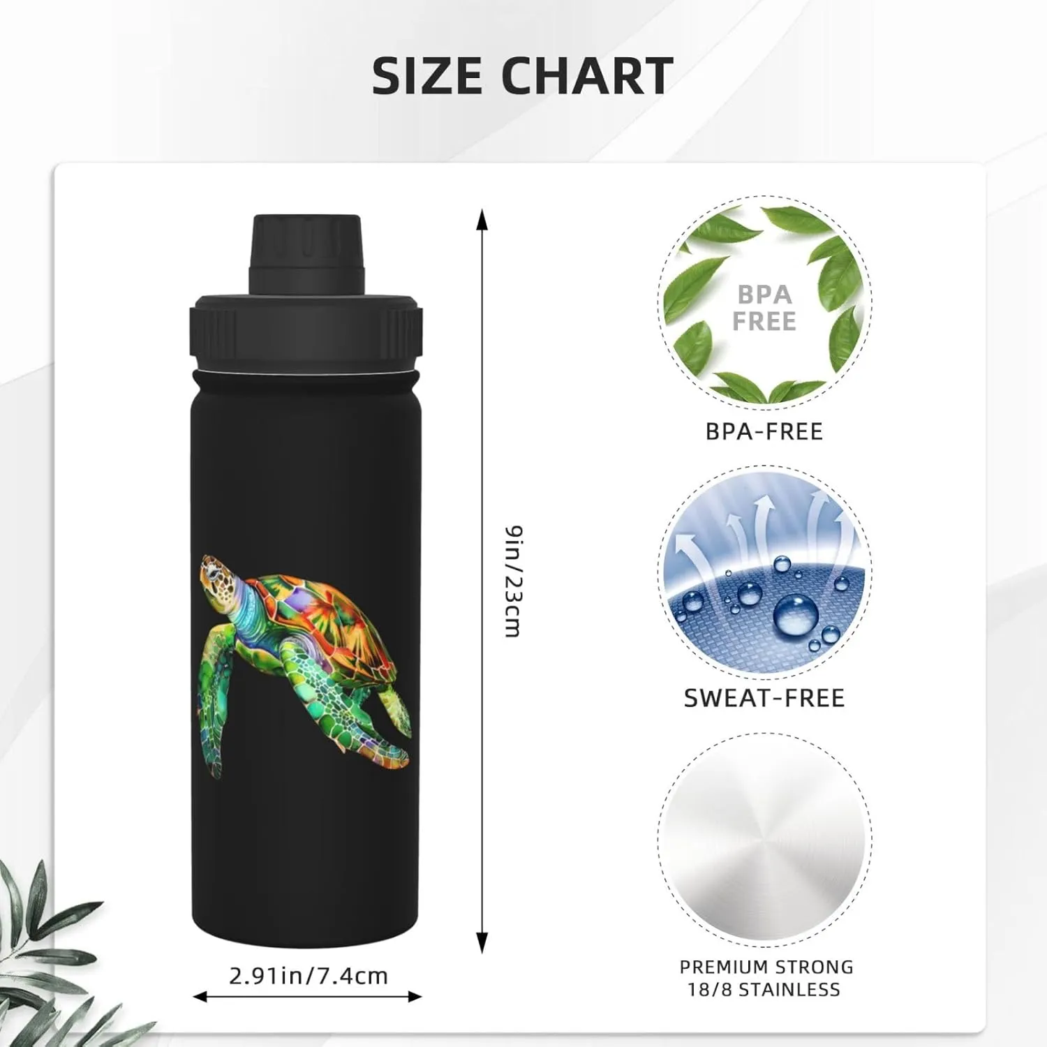 Cartoon Sea Turtle 18 oz Stainless Steel Water Bottles Insulated Sports Water Bottle with Spout Lid, Double Wall Travel Water Flask for Running Hiking Fishing