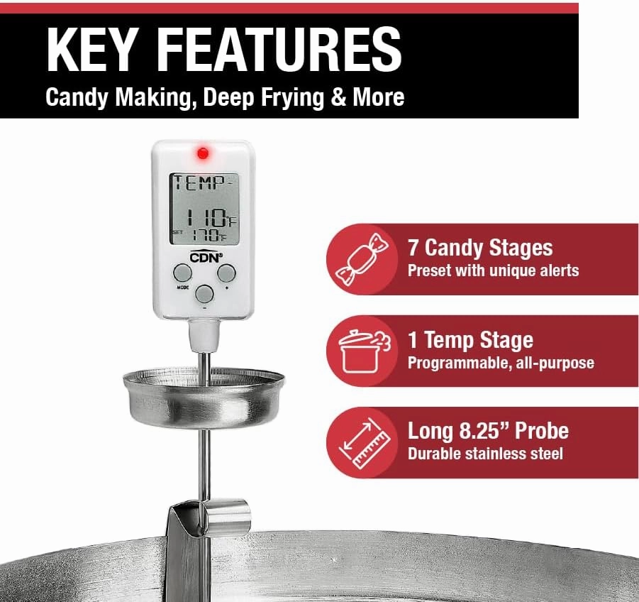 CDN Digital Candy Thermometer Long 8'' Stainless Steel Stem, Adjustable Pot Clip, Preset Candy Stages with Audio/Visual Alerts, Instant Read For Cooking, Deep Frying & Oil - DTC450
