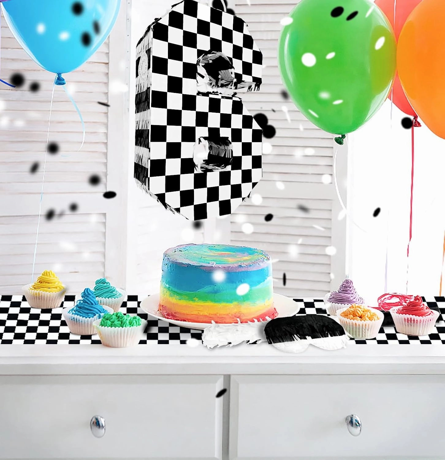 Checkered Number 6 Pinata Black and White Checkered Pinata with Stick and Blindfold Confetti for 6th Birthday Racing Car Party Game Supplies Race Car Pinata
