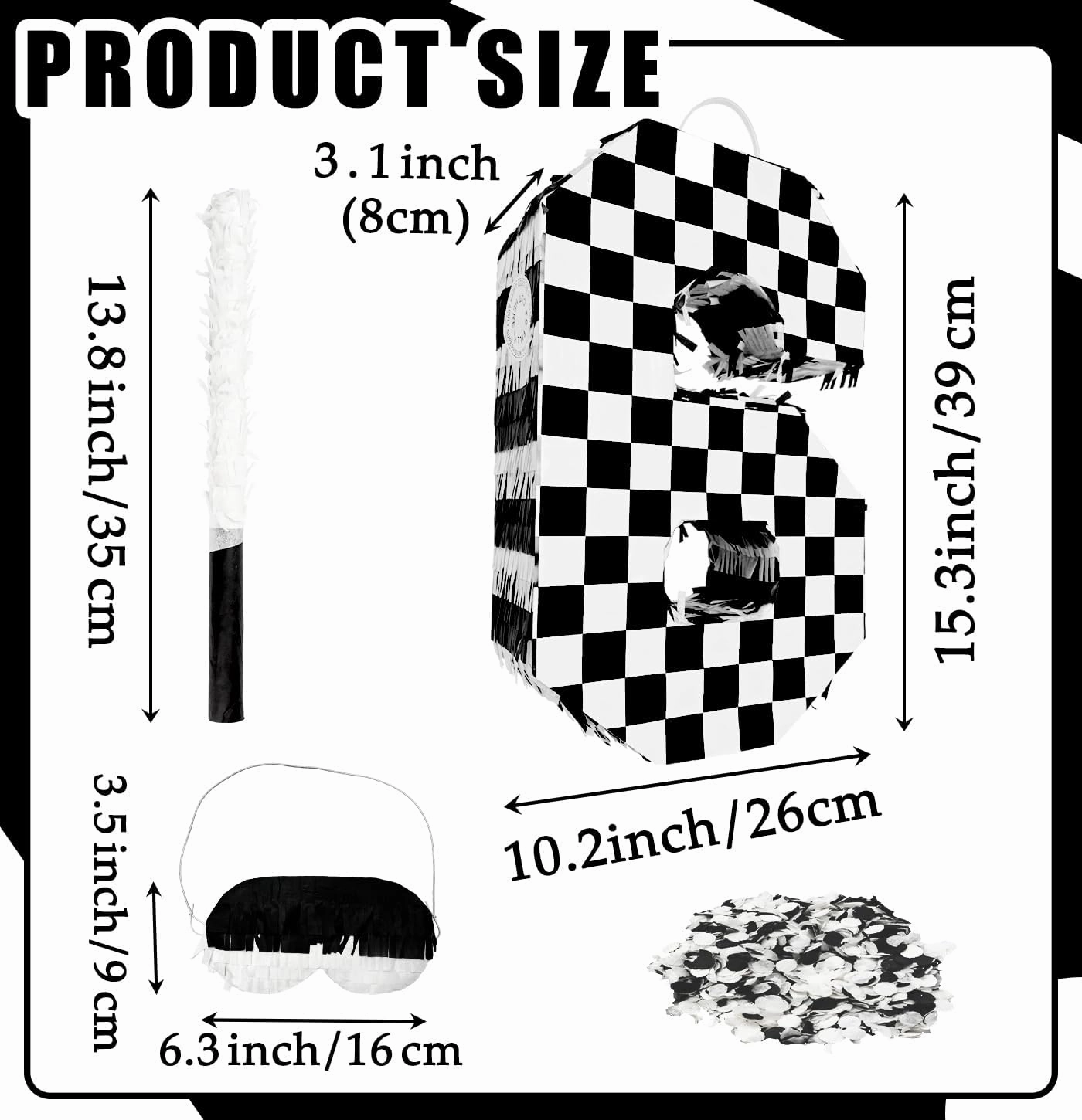 Checkered Number 6 Pinata Black and White Checkered Pinata with Stick and Blindfold Confetti for 6th Birthday Racing Car Party Game Supplies Race Car Pinata
