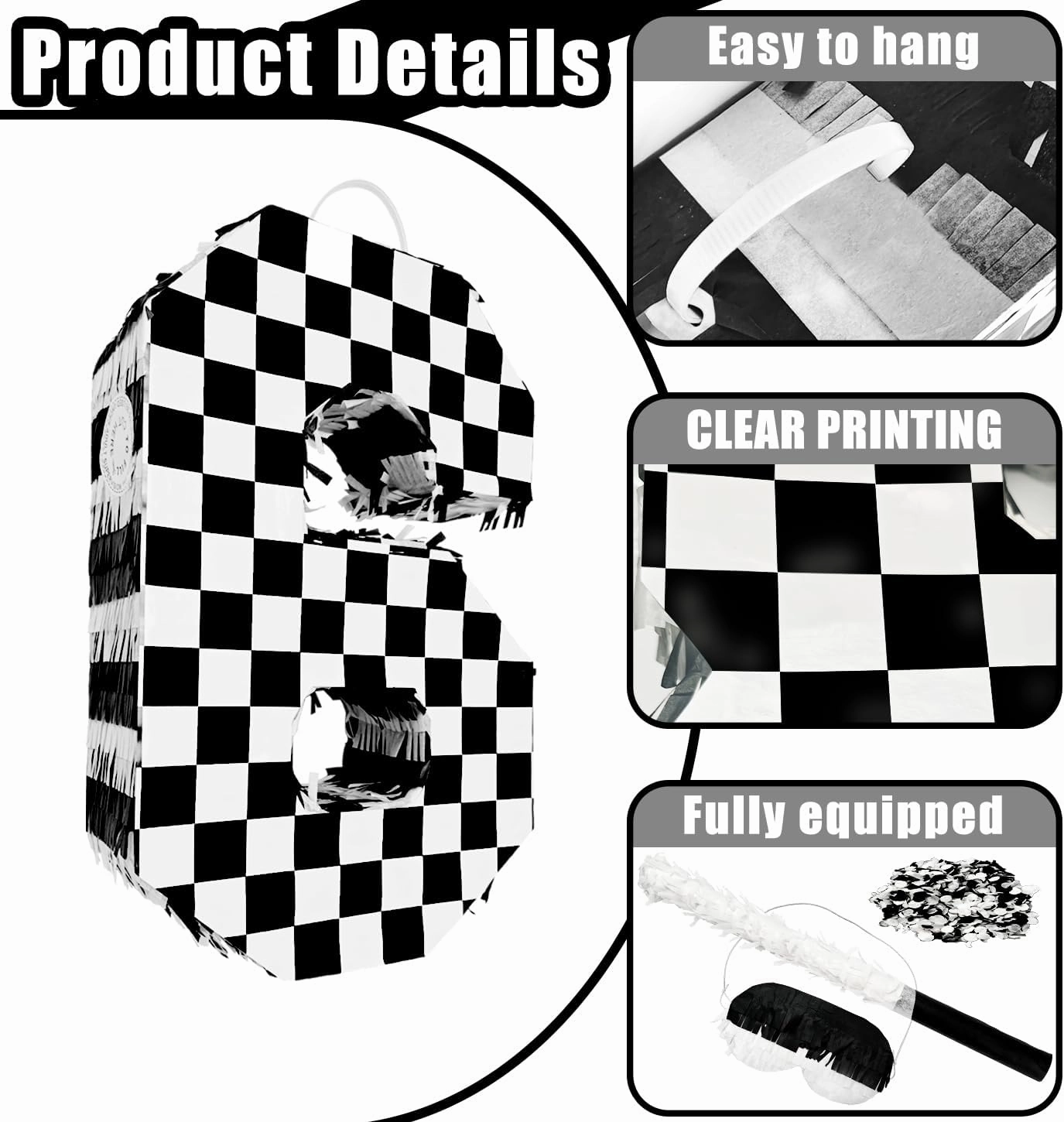 Checkered Number 6 Pinata Black and White Checkered Pinata with Stick and Blindfold Confetti for 6th Birthday Racing Car Party Game Supplies Race Car Pinata
