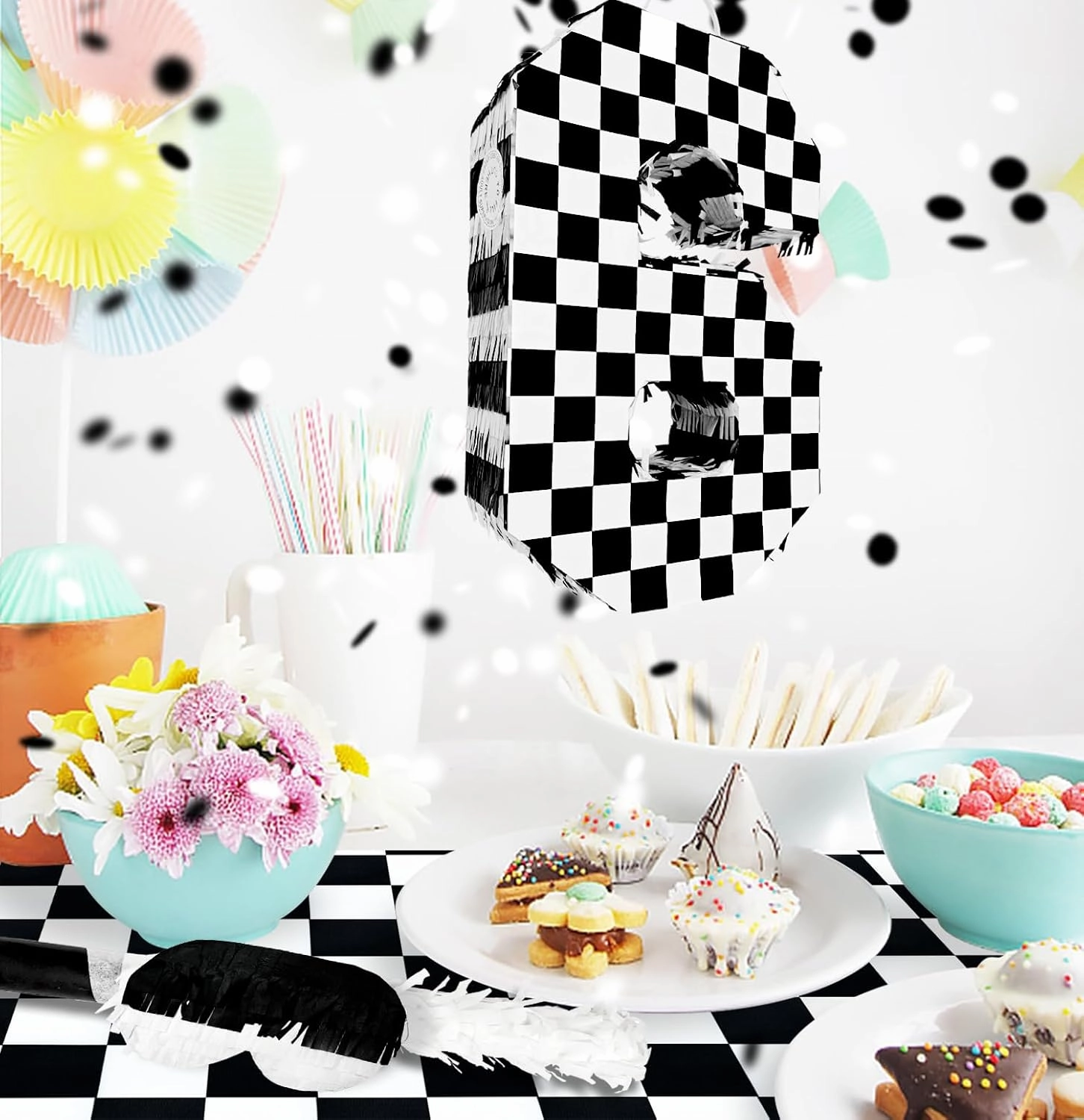 Checkered Number 6 Pinata Black and White Checkered Pinata with Stick and Blindfold Confetti for 6th Birthday Racing Car Party Game Supplies Race Car Pinata
