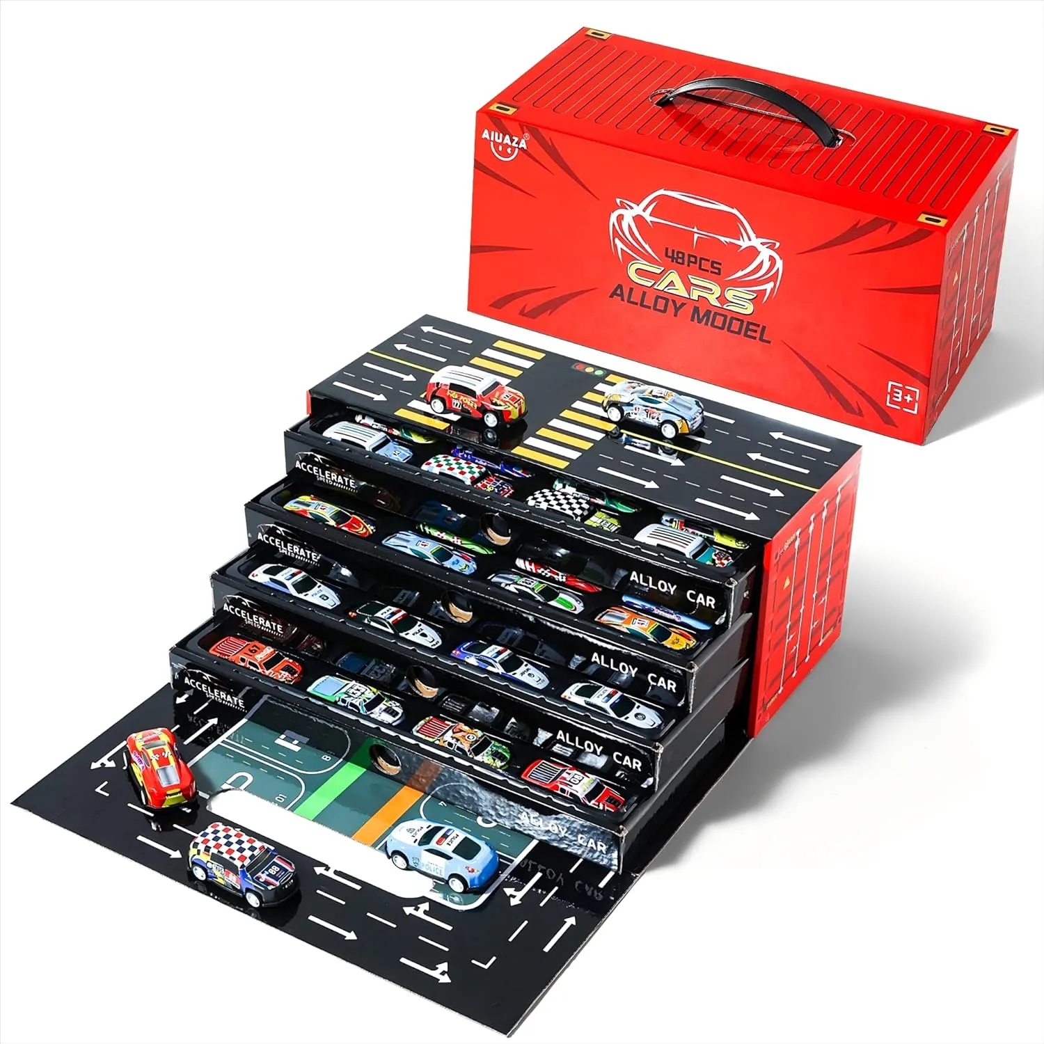 Children's mini Alloy car Set, Rear Pull Back Cars Set Alloy Racing Toy, with Garage and Track,Toy Cars Bulk for Kids，Suitable for Boys Aged 3, 4, 5, 6, 7, and 8 (48 Pieces)
