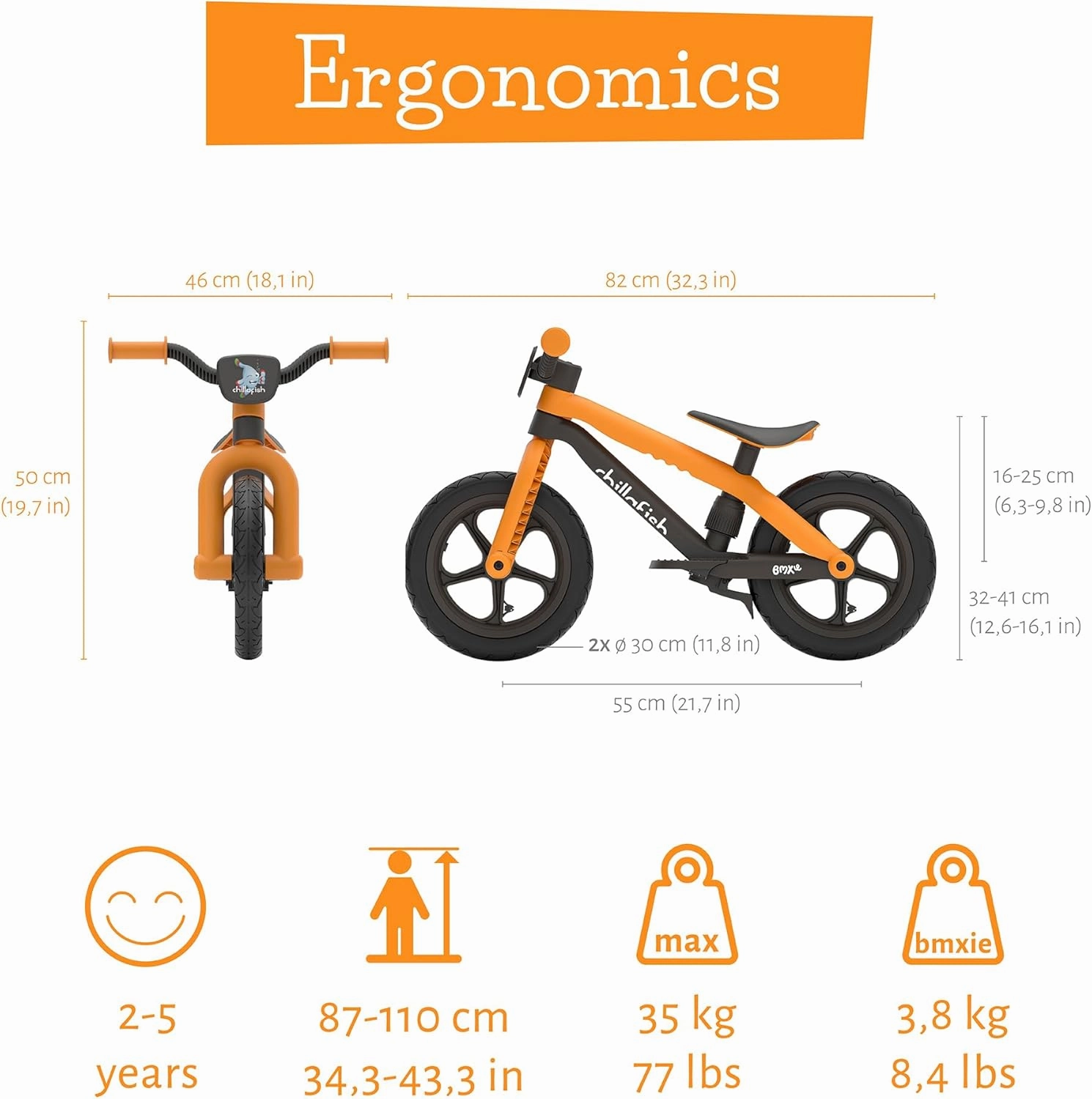 Chillafish Bmxie² Lightweight Balance Bike with Integrated Footrest and Footbrake for Kids Ages 2 to 5 Years, 12-inch Airless Rubberskin Tires, Adjustable Seat Without Tools, Ginger