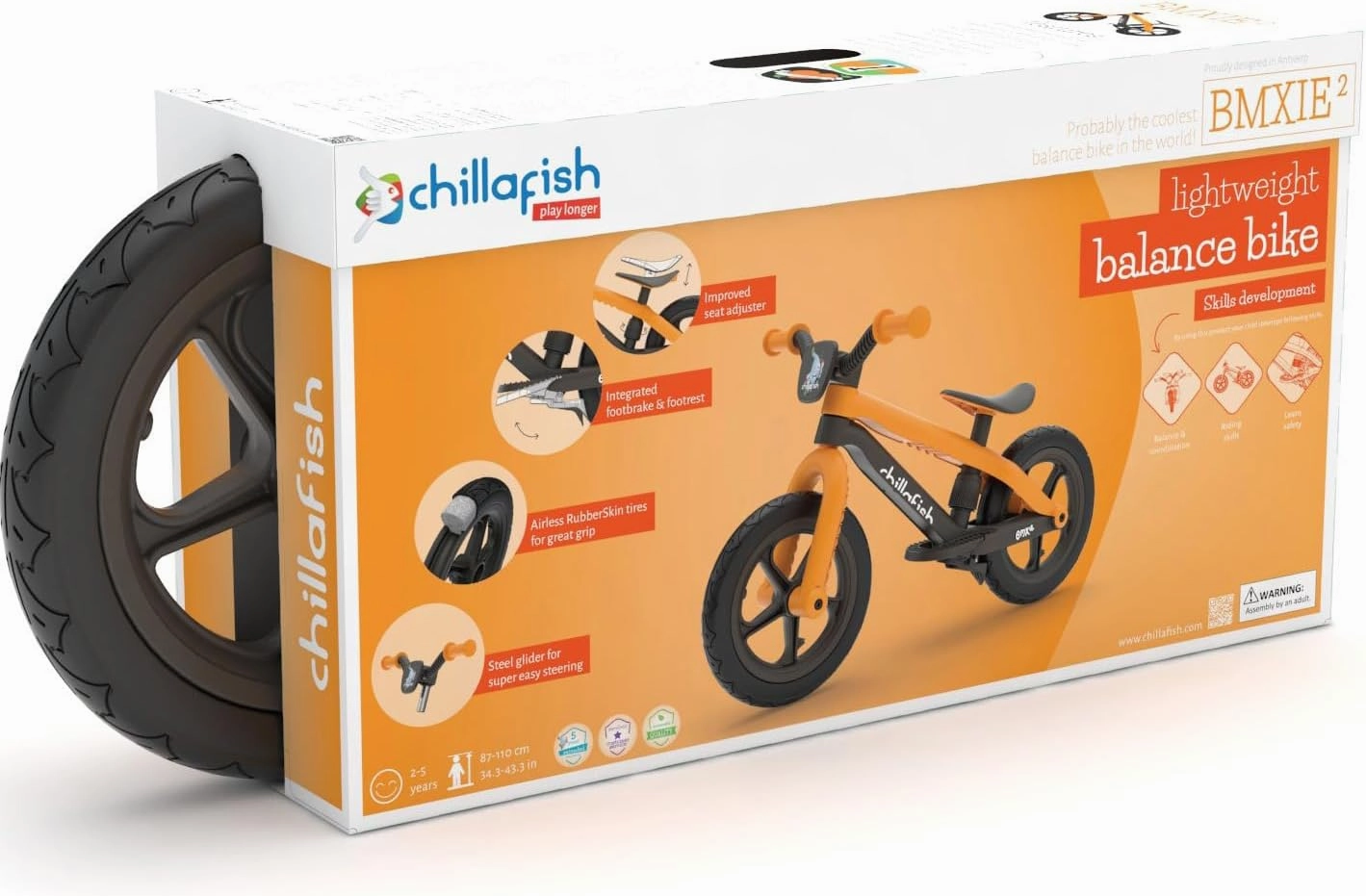 Chillafish Bmxie² Lightweight Balance Bike with Integrated Footrest and Footbrake for Kids Ages 2 to 5 Years, 12-inch Airless Rubberskin Tires, Adjustable Seat Without Tools, Ginger