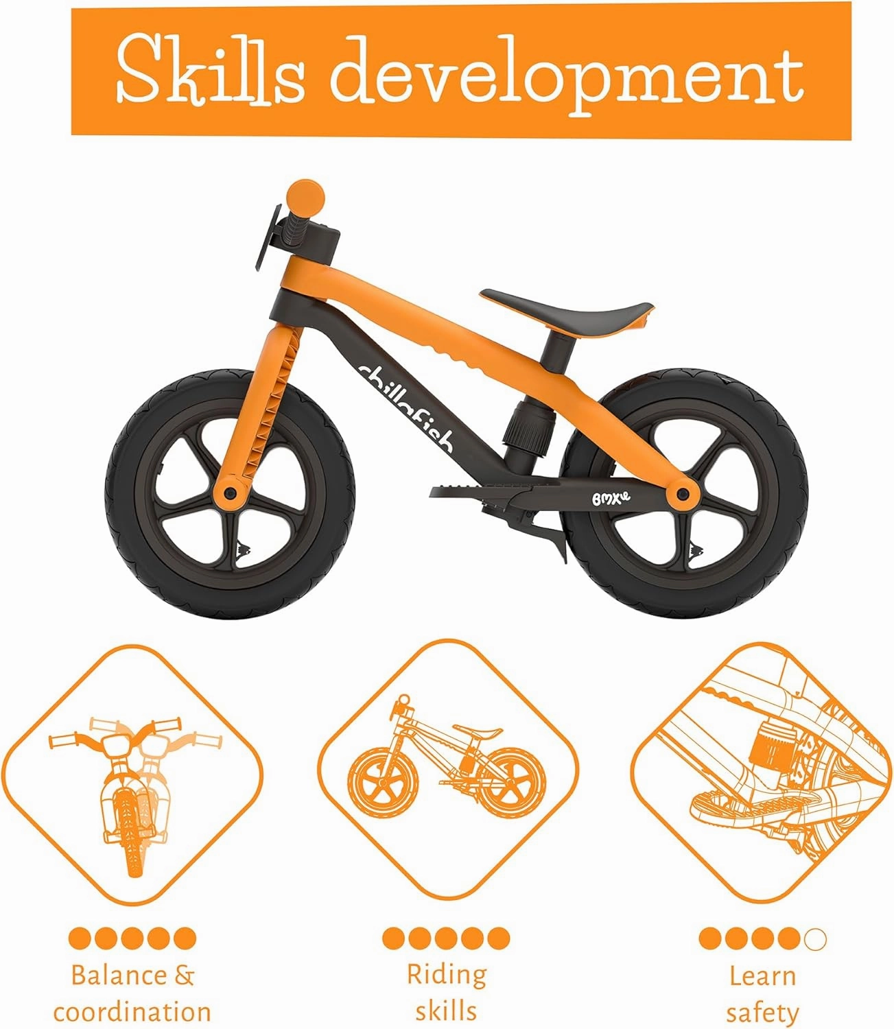 Chillafish Bmxie² Lightweight Balance Bike with Integrated Footrest and Footbrake for Kids Ages 2 to 5 Years, 12-inch Airless Rubberskin Tires, Adjustable Seat Without Tools, Ginger