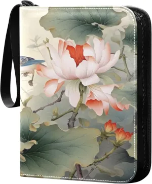 Chinese Hummingbirds Florals Card Binder 4 Pocket Collectible Trading Card Albums with 50 Sleeves Double Side PU Waterproof 3 Ring for Sports & Game Cards