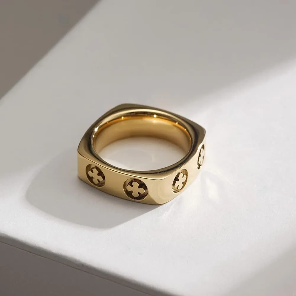 CIUNOFOR 14K Gold Plated Ring Simulated Diamond CZ Cocktail Rings for Women Gold Statement RingsWide Bands for Men Lucky Clover Parallel Bar Ring Show your Personality