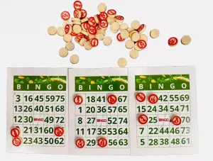 Classic Lucky Bingo Game Set Dominican Puerto Rico Style, 48 Cards and 75 Wooden Number chip Balls, Bingo de la Suerte Dominicano, Bolos de Madera