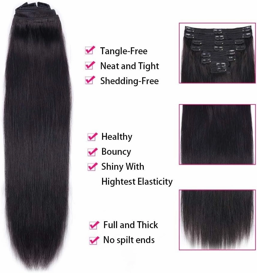 Clip in Hair Extensions 16"-26" Clip in Human Hair Extensions 120g 8 Pieces with 18 Clips Natural Black Double Weft Brazilian Remy Hair Thick Silky Straight Hair Extensions Human Hair Extensions Clip(
