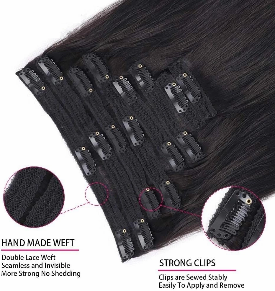 Clip in Hair Extensions 16"-26" Clip in Human Hair Extensions 120g 8 Pieces with 18 Clips Natural Black Double Weft Brazilian Remy Hair Thick Silky Straight Hair Extensions Human Hair Extensions Clip(