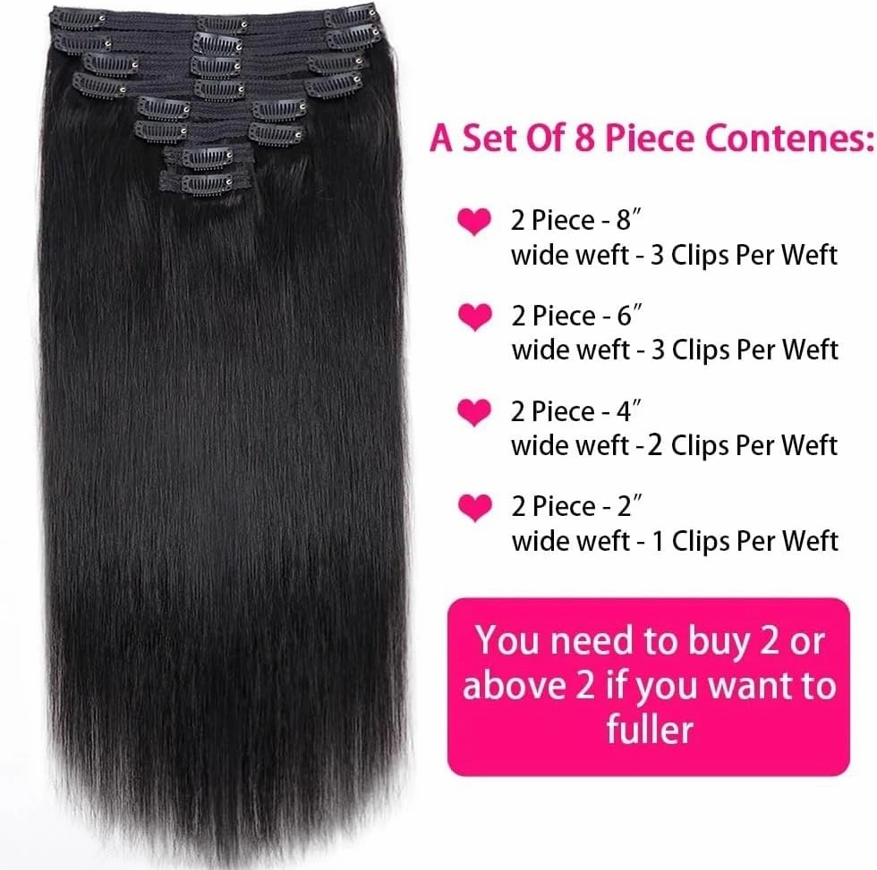 Clip in Hair Extensions 16"-26" Clip in Human Hair Extensions 120g 8 Pieces with 18 Clips Natural Black Double Weft Brazilian Remy Hair Thick Silky Straight Hair Extensions Human Hair Extensions Clip(