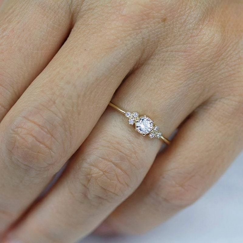 Cluster ring engagement vintage | round diamond engagement rings thin band simple |R 232