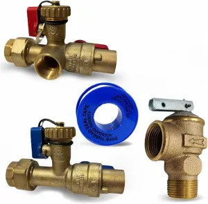 CMI Inc - 3/4 Inch Tankless Water Heater Isolation Valve Kit with Full Port Sweat Service Valves – Hot & Cold Water Bypass, Brass Pressure Relief Valve, Installation Tool for Gas and Electric Systems