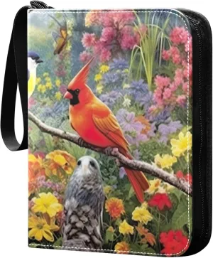 Colorful Bird Garden Card Binder 4 Pocket Collectible Trading Card Albums with 50 Sleeves Double Side PU Waterproof 3 Ring for Sports & Game Cards