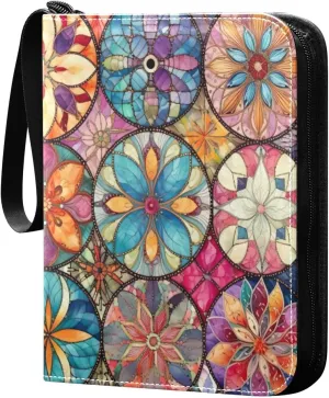 Colorful Bohmian Floral Tile Card Binder 4 Pocket Trading Card Album Fits 400 Sports/Game Cards, PU Cover 3 Ring Card Collection with 50 Removable Sleeves