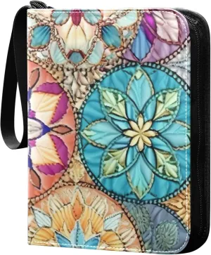 Colorful Oriental Textile Tile Card Binder 4 Pocket Collectible Trading Card Albums with 50 Sleeves Double Side PU Waterproof 3 Ring for Sports & Game Cards