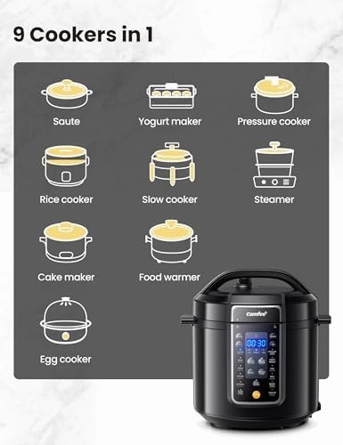 COMFEE’ 9-in-1 Electric Pressure Cooker 13 Presets Instant Multi Cooker Olla de Presion Slow Cooker Rice Cooker Steamer Sauté Yogurt Maker Non-Stick Pot 6 Quart Black, Aluminum