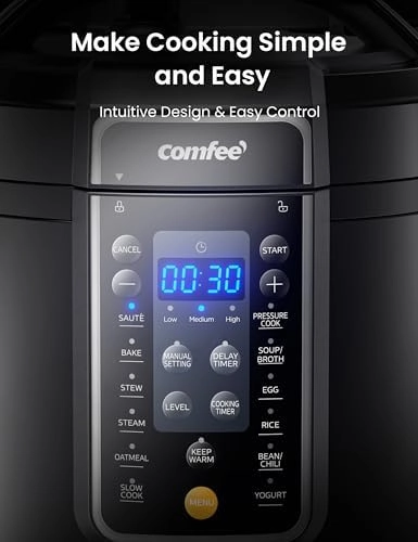 COMFEE’ 9-in-1 Electric Pressure Cooker 13 Presets Instant Multi Cooker Olla de Presion Slow Cooker Rice Cooker Steamer Sauté Yogurt Maker Non-Stick Pot 6 Quart Black, Aluminum