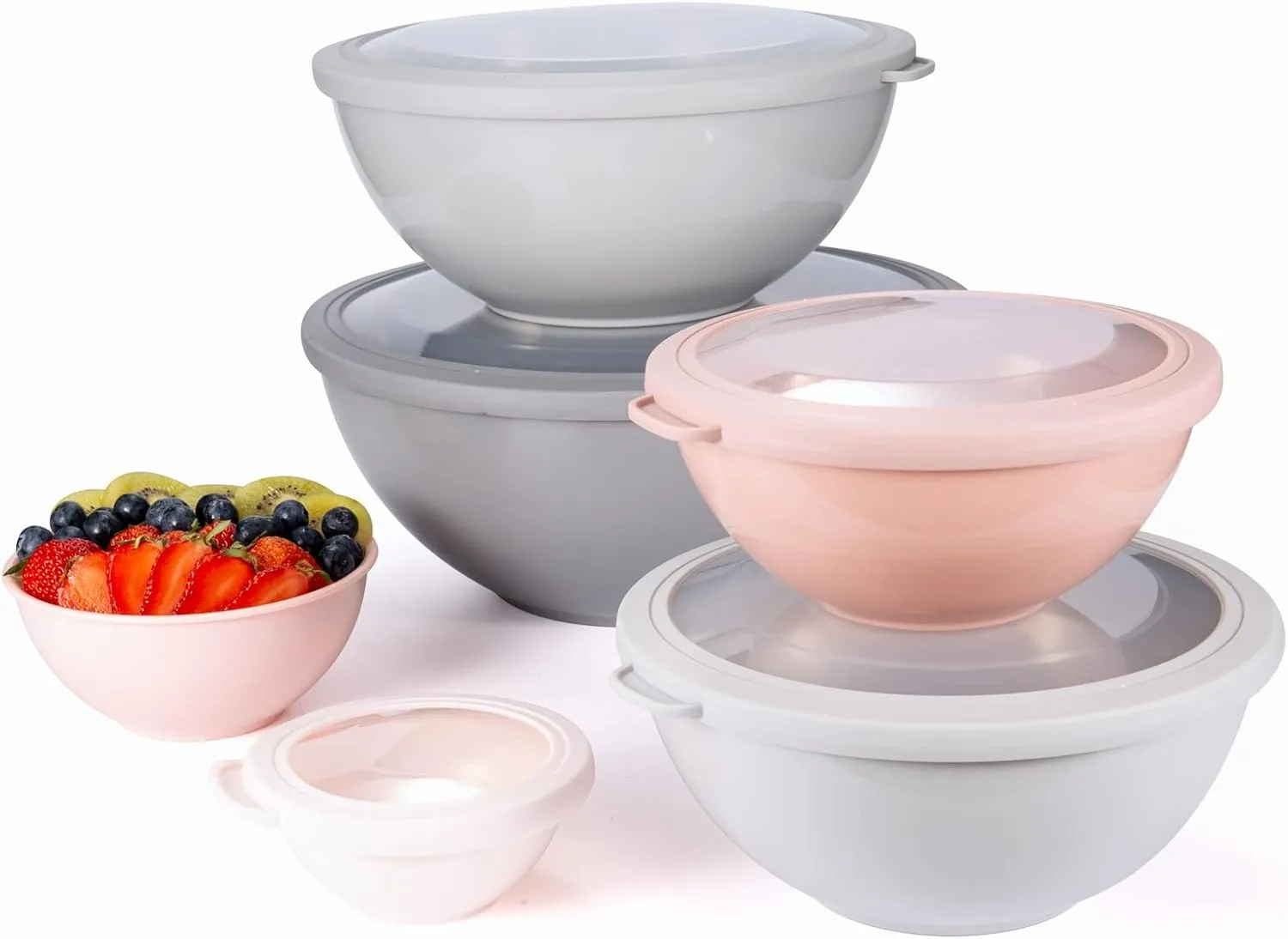 COOK WITH COLOR Mixing Bowls with TPR Lids - 12 Piece Plastic Nesting Bowls Set includes 6 Prep Bowls and 6 Lids, Microwave Safe Mixing Bowl Set (Pink Ombre)