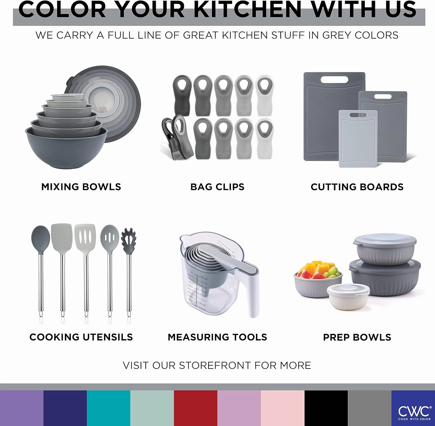 COOK WITH COLOR Nesting Bowls with Measuring Cups Colander and Sifter Set - Includes Mixing Bowls, Colander, Sifter and Measuring Cups, Gray, 8 Pc Bowl