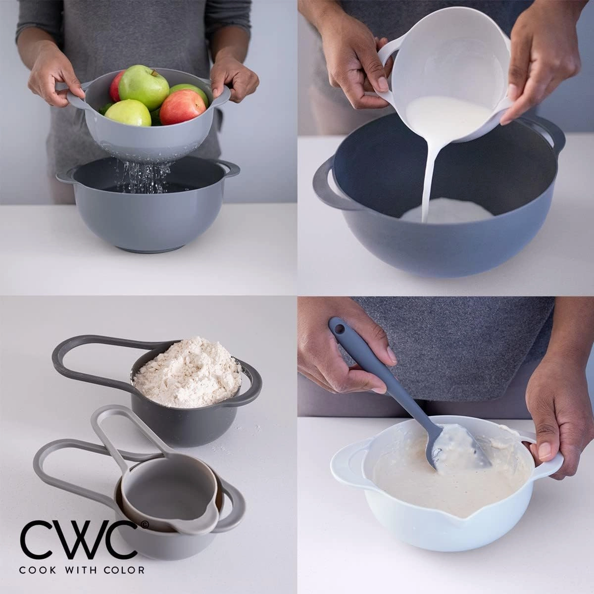 COOK WITH COLOR Nesting Bowls with Measuring Cups Colander and Sifter Set - Includes Mixing Bowls, Colander, Sifter and Measuring Cups, Gray, 8 Pc Bowl