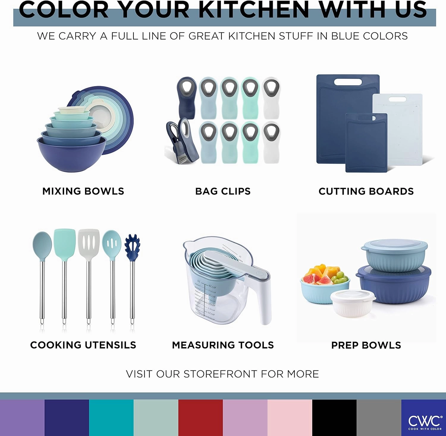 COOK WITH COLOR Prep Bowls with Lids- Wide and Deep Nesting Plastic Small Mixing Bowl Set with Lids, 8 Piece Set - Deep Bowls, Blue
