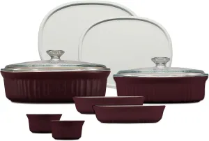 CorningWare Ceramic Bakeware Set with Lids, Chip and Crack Resistant Stoneware Baking Dish, Microwave, Dishwasher, Oven, Freezer and Fridge Safe, 10-Piece French Cabernet