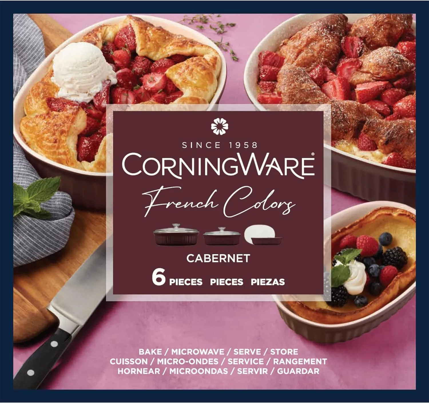 CorningWare Ceramic Bakeware Set with Lids, Chip and Crack Resistant Stoneware Baking Dish, Microwave, Dishwasher, Oven, Freezer and Fridge Safe, 6-Piece French Cabernet