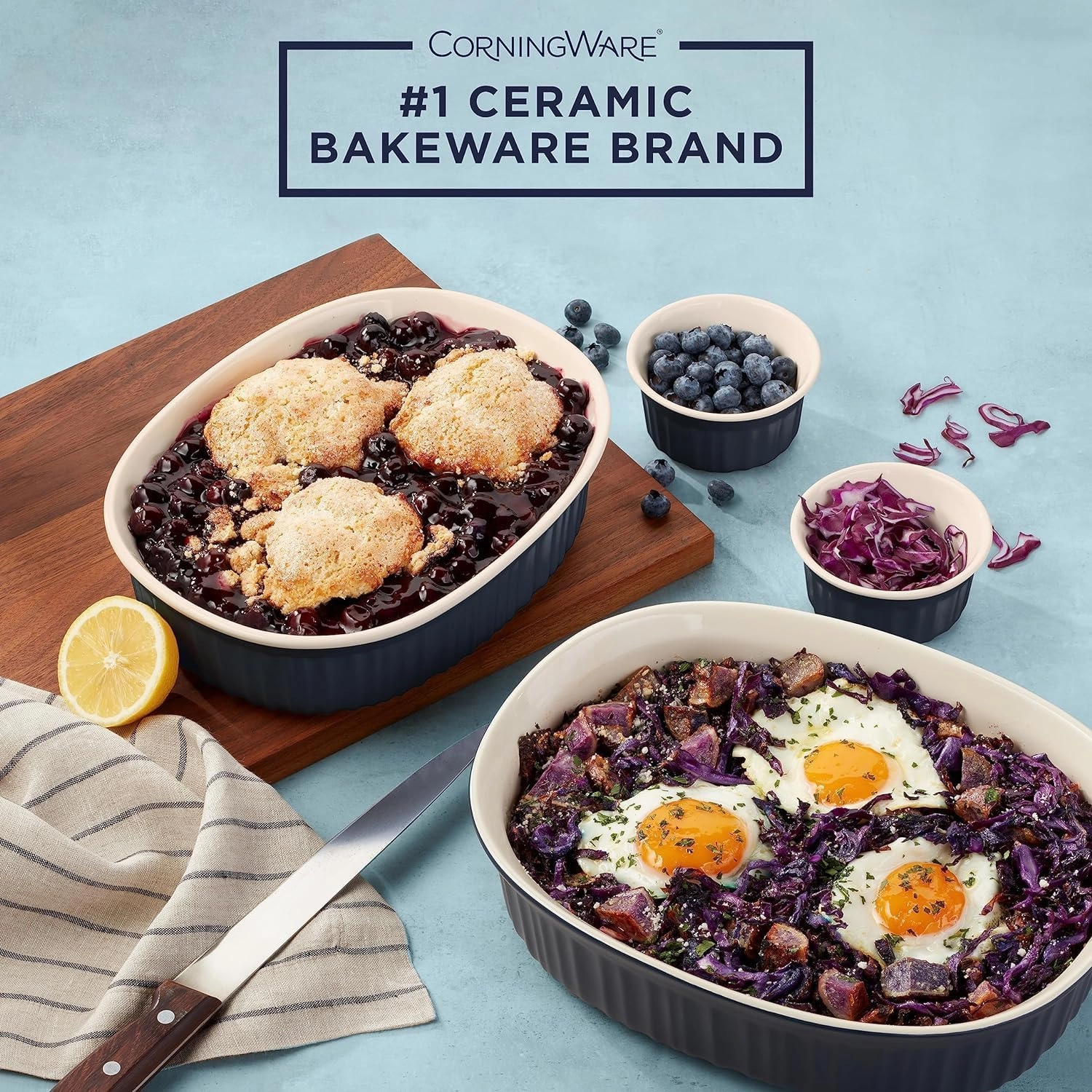CorningWare Ceramic Bakeware Set with Lids, Chip and Crack Resistant Stoneware Baking Dish, Microwave, Dishwasher, Oven, Freezer and Fridge Safe, 10-Piece French Navy