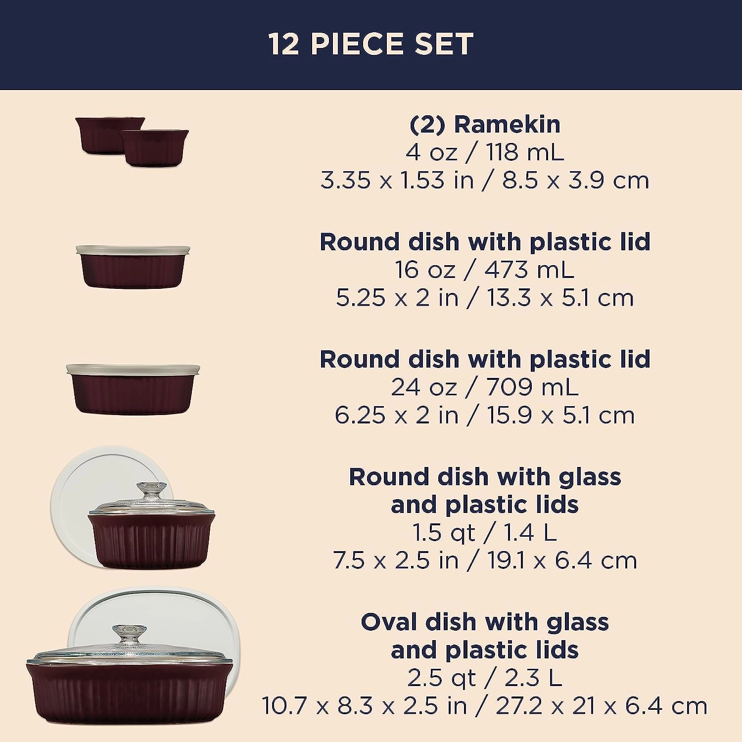 CorningWare Ceramic Bakeware Set with Lids, Chip and Crack Resistant Stoneware Baking Dish, Microwave, Dishwasher, Oven, Freezer and Fridge Safe, 12-Piece French Cabernet
