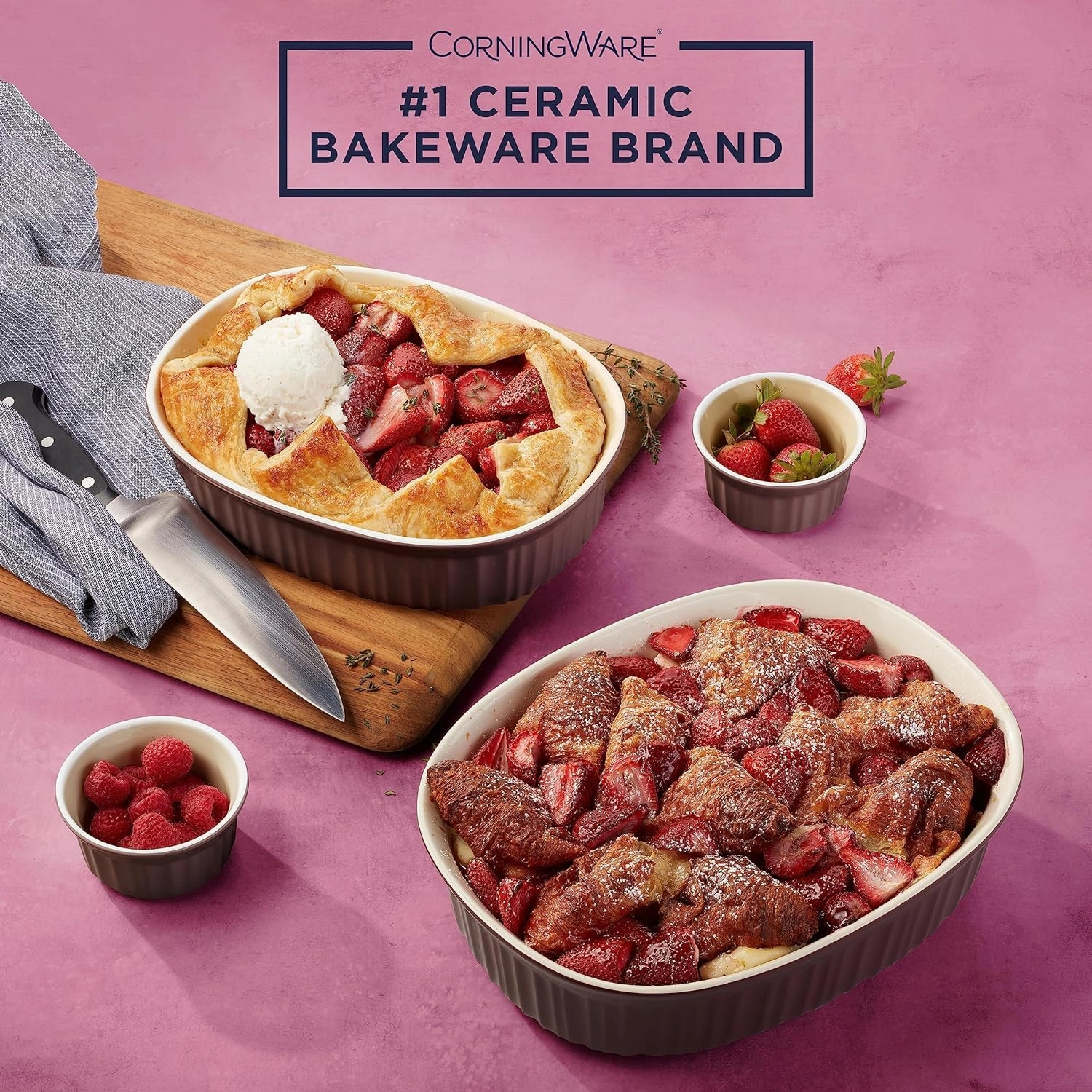 CorningWare Ceramic Bakeware Set with Lids, Chip and Crack Resistant Stoneware Baking Dish, Microwave, Dishwasher, Oven, Freezer and Fridge Safe, 12-Piece French Cabernet