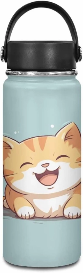 Cute Cat Kids Water Bottle With Lid Insulated Stainless Steel Water Bottle 18 Oz Reusable Tumbler Water Jug Cup Sports Water Bottles for School,Travel,Gym Wide Mouth Vacuum Flask Mug
