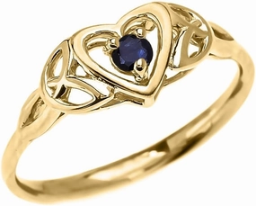 Dainty 10k Yellow Gold Trinity Knot Heart Solitaire Sapphire Engagement and Proposal Ring
