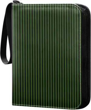 Dark Green Black Stripes Card Binder 4 Pocket Trading Card Album Fits 400 Sports/Game Cards, PU Cover 3 Ring Card Collection with 50 Removable Sleeves
