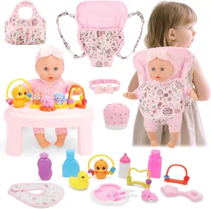deAO 13'' Girl Baby Doll Play Set Interactive Baby Doll with 20pcs Accessories Carrier Crossbody Diaper Bag High Chair Feeding Nursery Pretend Play Toddler Girl Toy Gift Age 3 